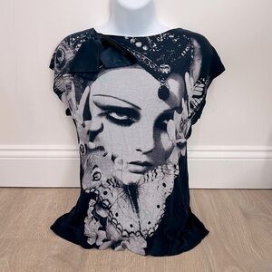 Navy Blue Blouse with Beautiful Woman’s face MNG Jeans short sleeve shirt